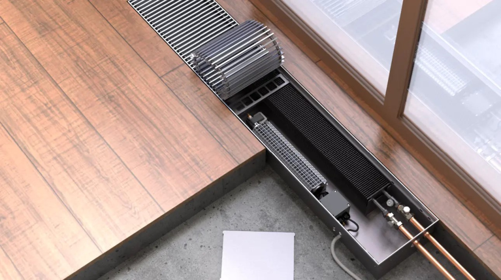 Внутрипольный конвектор KZTO «Бриз» — пример изделия и решётки в нише