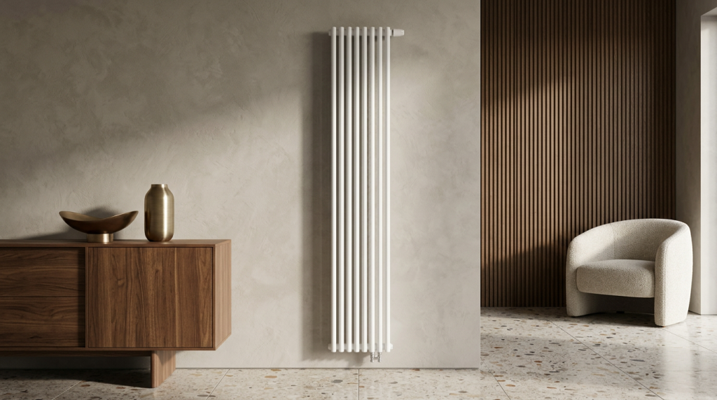 Вертикальный радиатор КЗТО, белая модель в интерьере