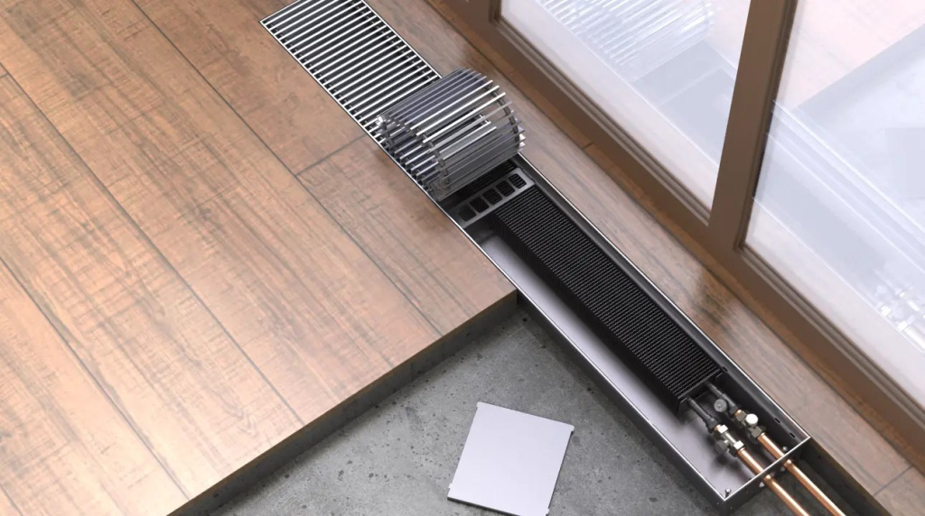 Схема работы внутрипольного конвектора: тепловая завеса у панорамного окна